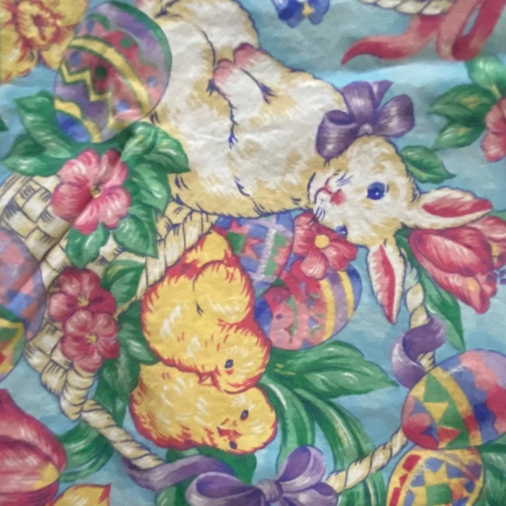 Vintage Easter Tablecloth Bunny Chick Floral Egg Print Blue Pastel‎ Spring Decor
